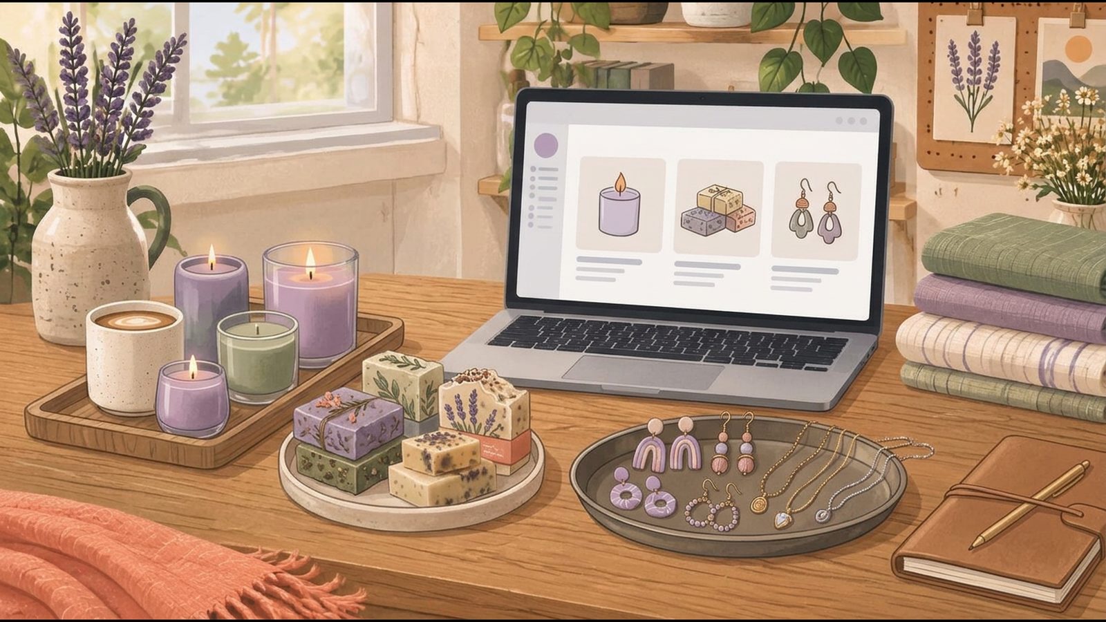 Candles, soap, and jewelry arranged in separate groups beside a laptop showing illustrated storefront collection cards.