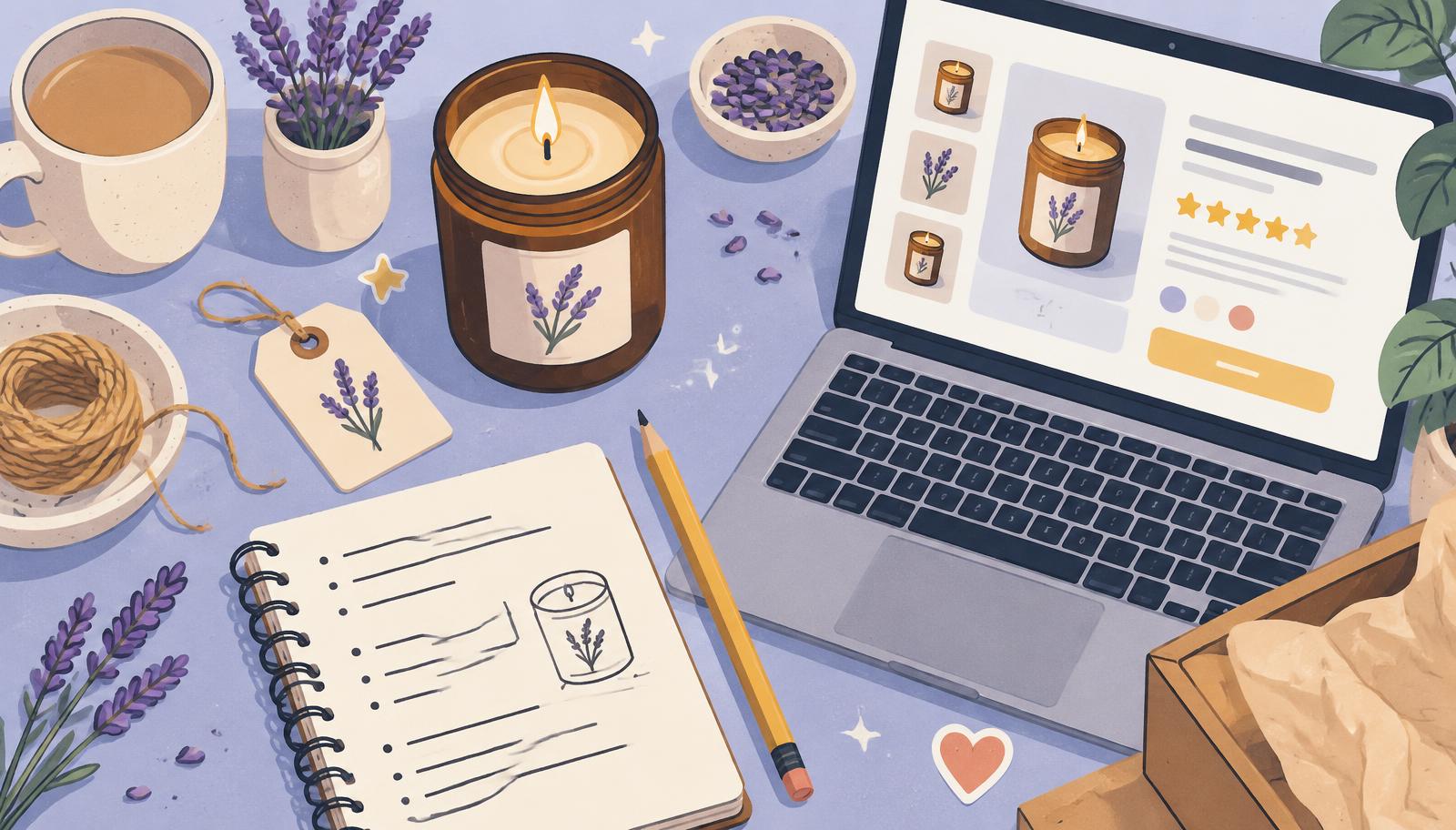 Illustration of a maker's desk with a lavender soy candle, a notebook of handwritten notes, a price tag and a laptop showing a product page.
