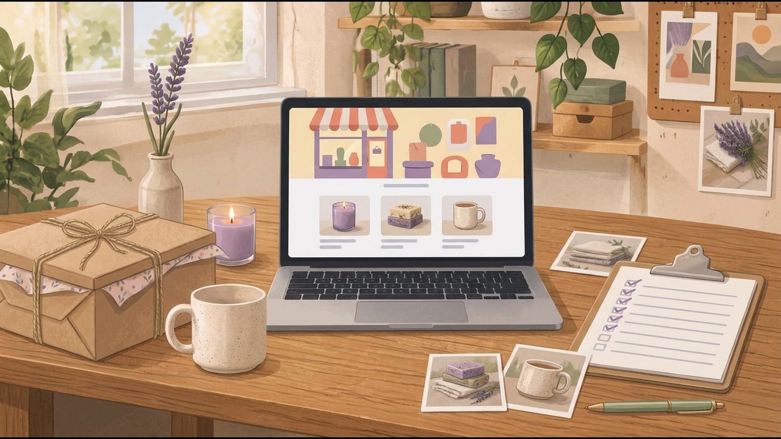 Illustrated handmade storefront on a laptop beside a launch checklist, product photos, a candle, a mug, and a packaged order tied with twine.