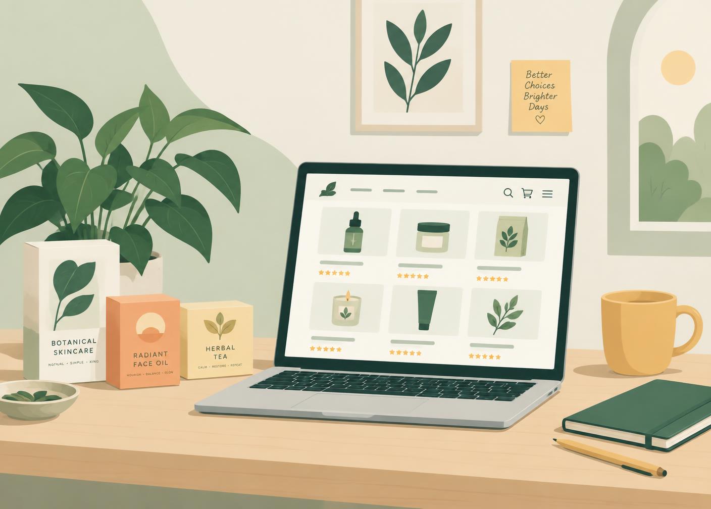 Illustration of a desk with a laptop showing a tidy product listing grid